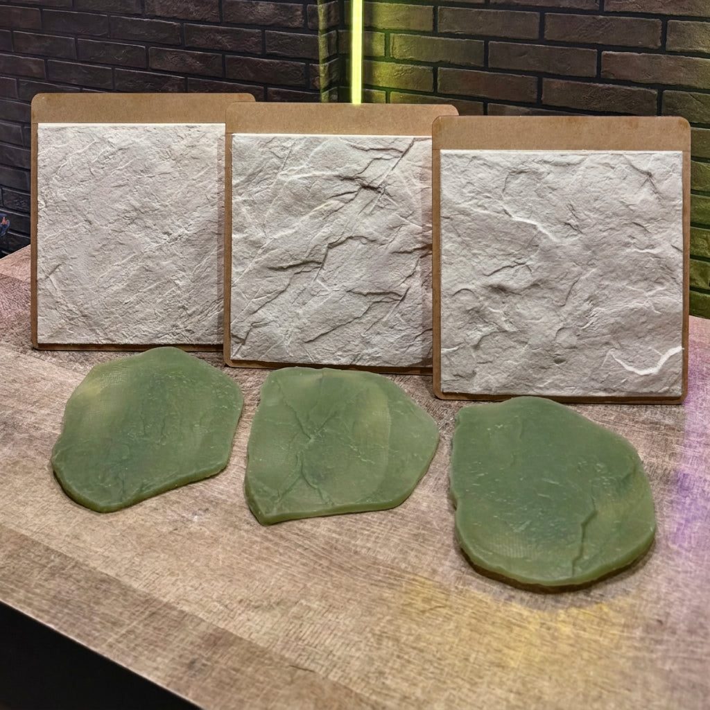 Stone texture silicone stamp set with three reusable plaster stamps and handles in different natural rock relief patterns