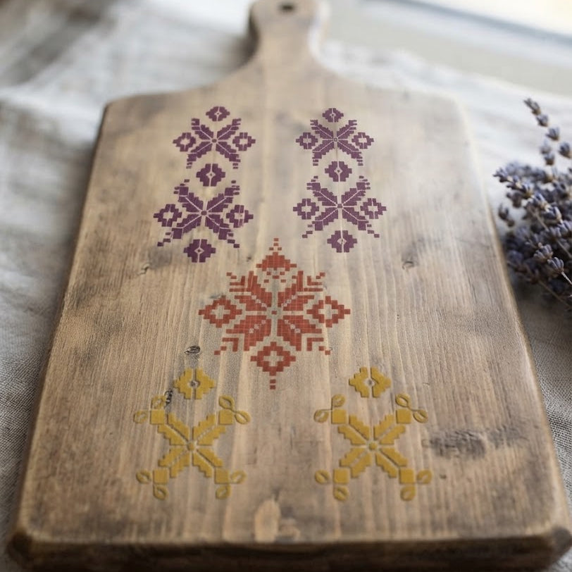 Cross stitch stencil set with three geometric embroidery-inspired patterns for decoupage and DIY crafts