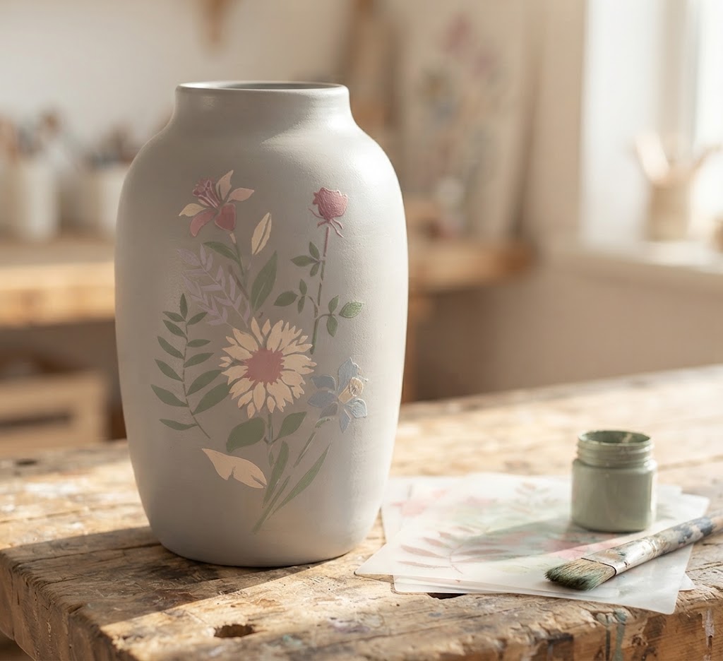 Botanical decoupage stencil set with five floral and leaf patterns beside a decorated wooden box
