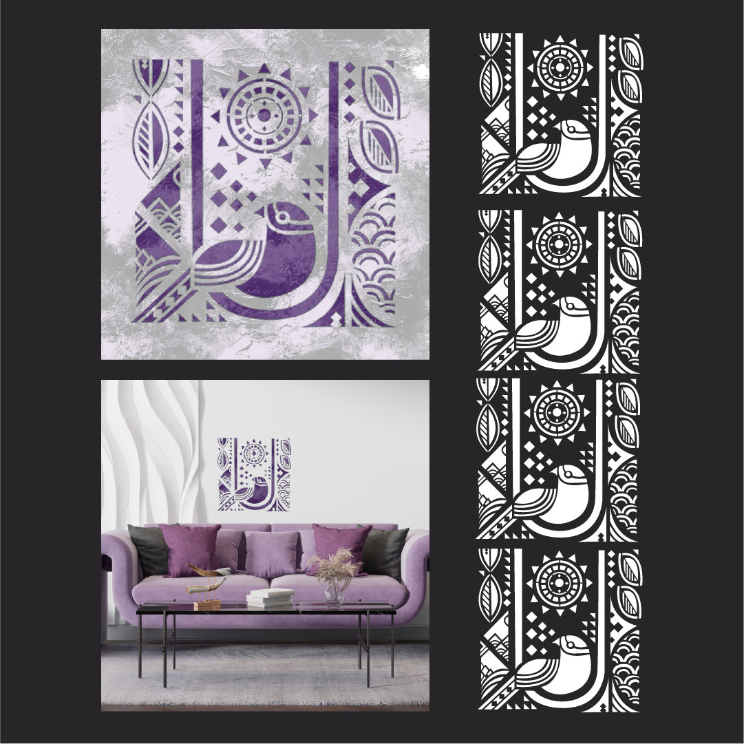 Reusable stencil Bird with geometry: Your exclusive for a unique interior 0.3-1 mm (J00071)