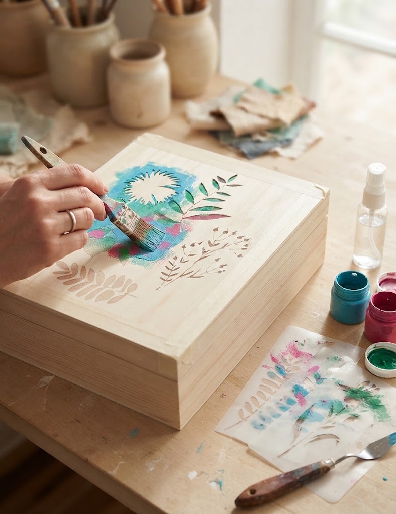 Botanical leaf and flower stencil set with seven reusable designs beside a wooden box decorated with colorful plants