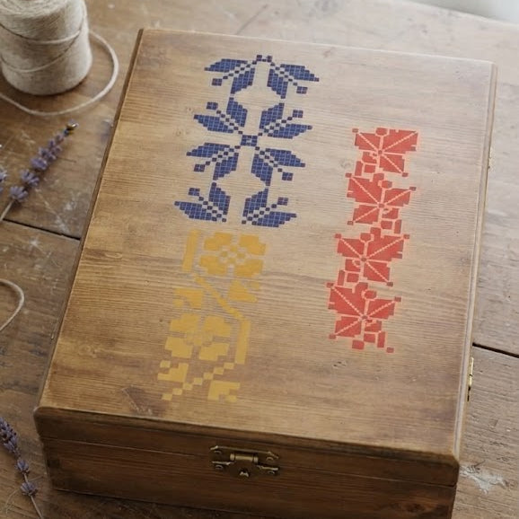 Three reusable geometric embroidery-style stencils with cross-stitch patterns for decoupage and decorative painting